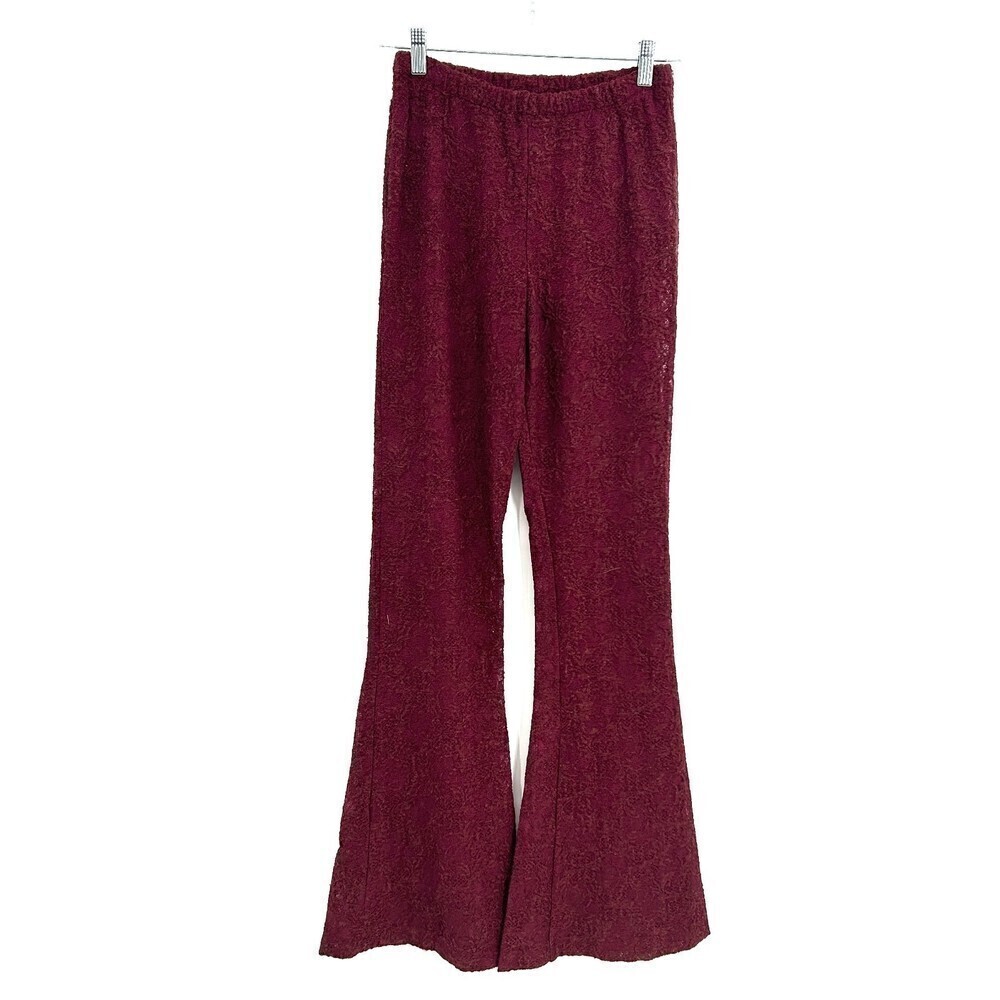 NWT CHASER Burgundy Lace Pull On Stretch Waist Bell Bottom Wide Leg Pants